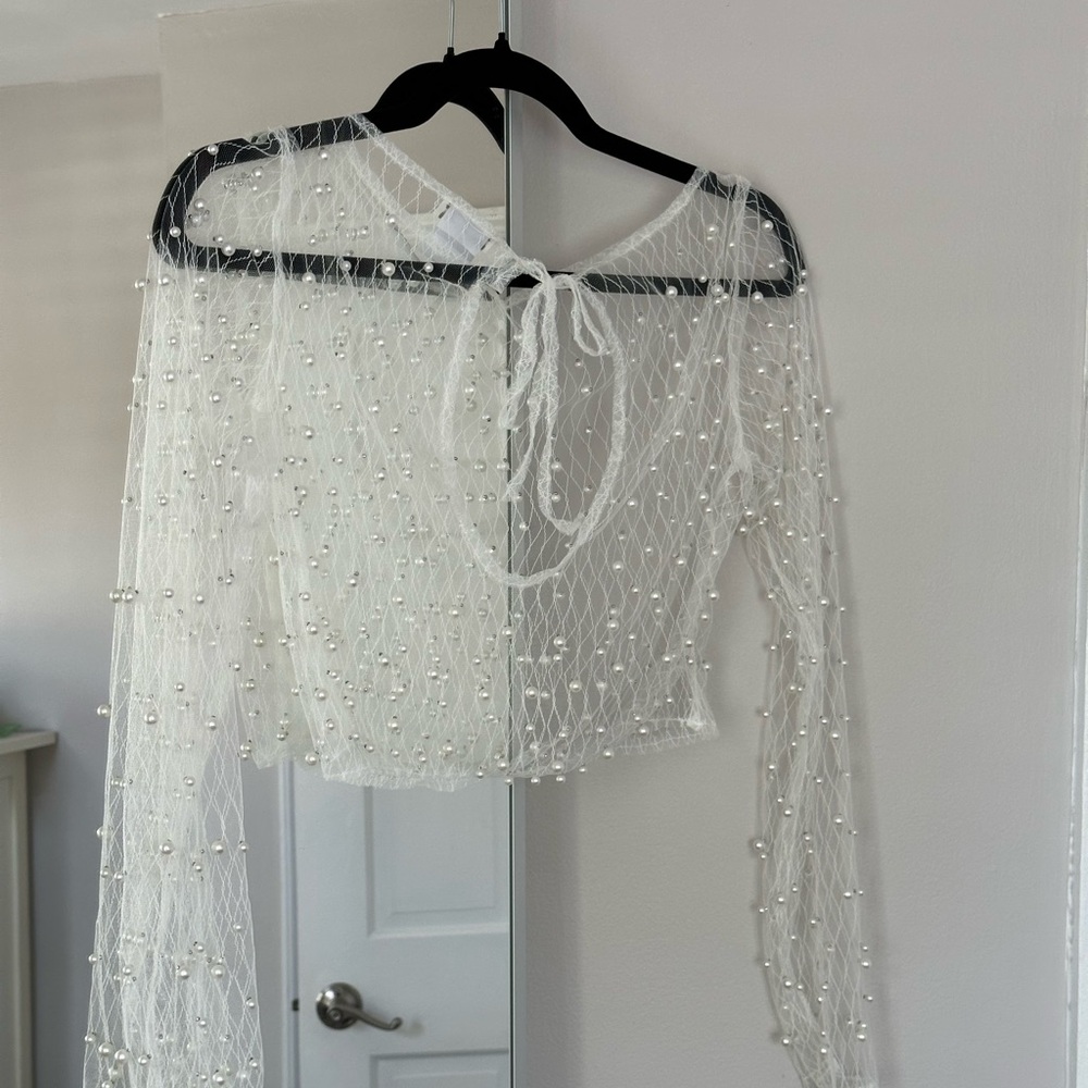 Sheer White Pearl Beaded Blouse
